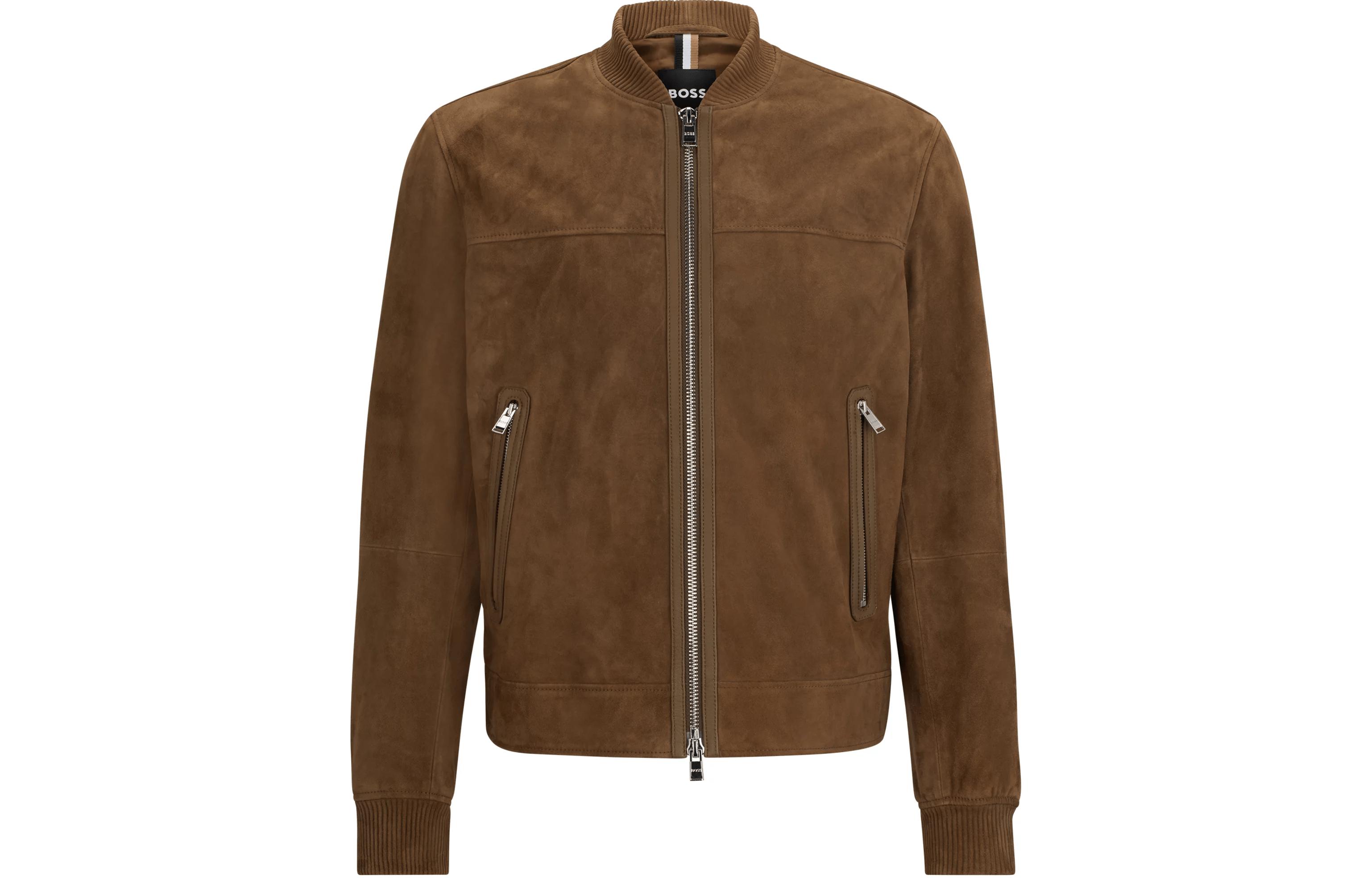 HUGO BOSS Brown Suede Regular-Fit Jacket with Ribbed Cuffs and Zip-Up Design 50505647249