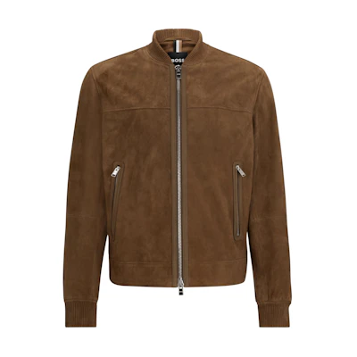 HUGO BOSS Brown Suede Regular-Fit Jacket with Ribbed Cuffs and Zip-Up Design 50505647249
