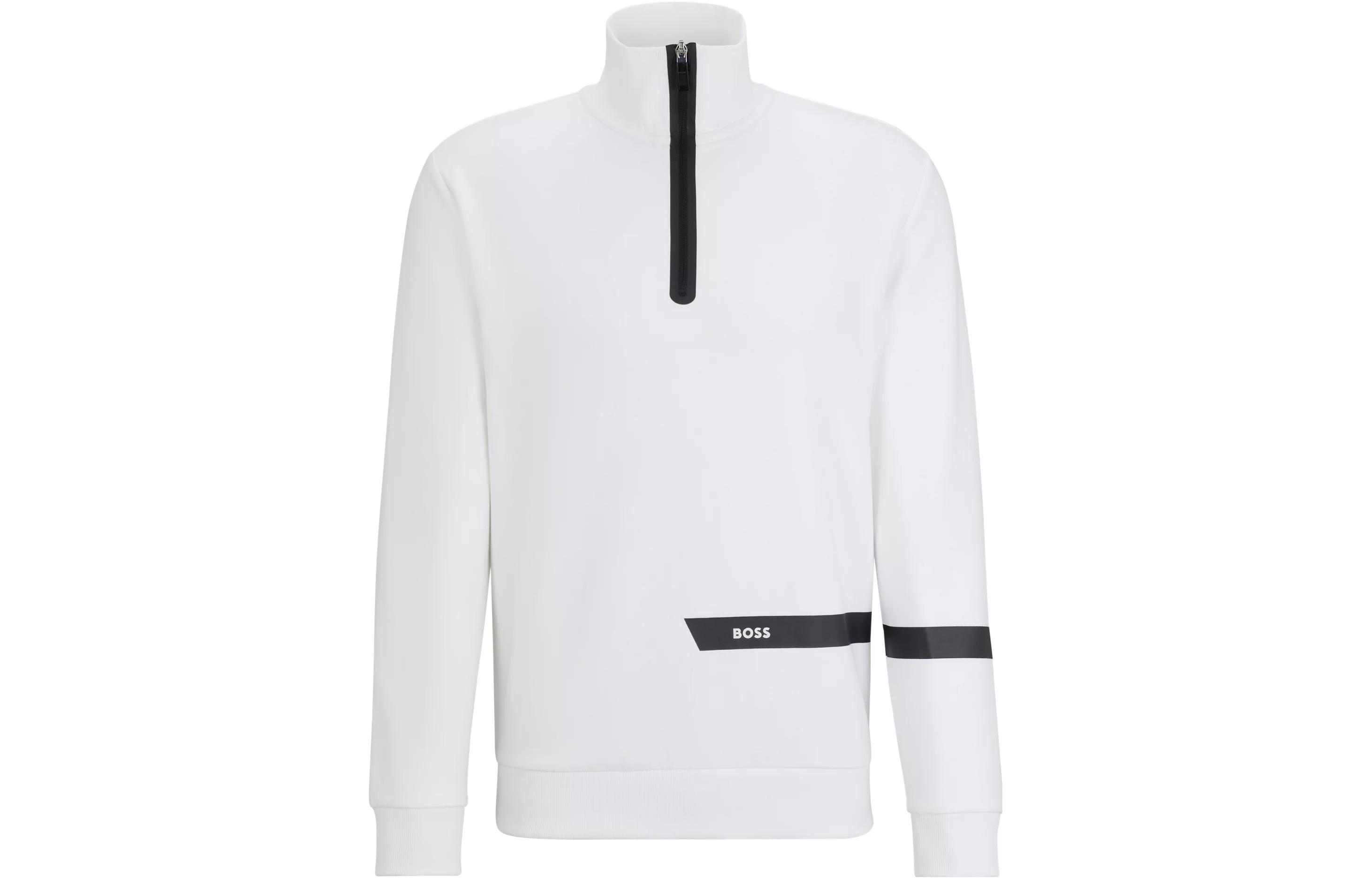 HUGO BOSS Cotton-Blend Zip-Neck Sweatshirt Logo Stripe White Pullover 50498278-100