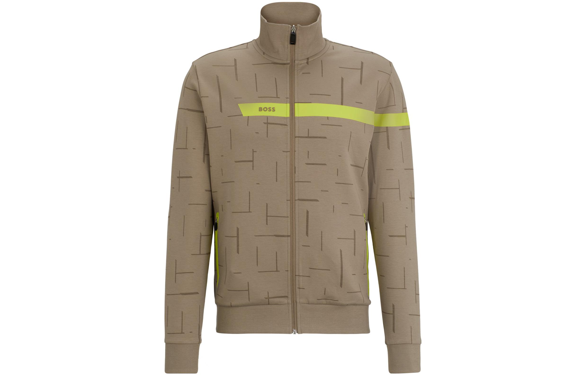 HUGO BOSS Cotton-Blend Zip-Up Jacket with Logo Stripe Khaki - Sweatshirt 50498275-334