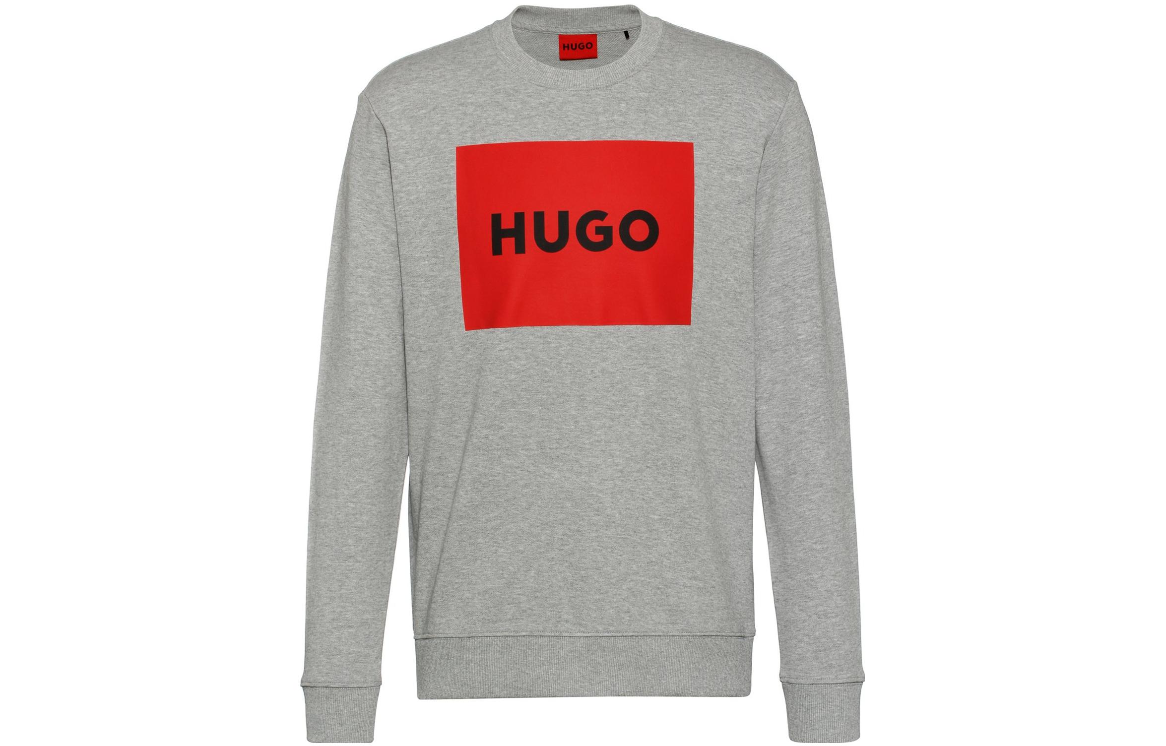 HUGO BOSS Cotton-Terry Crewneck Sweater with Red Logo Print Grey ( Casual Fit) 50467944-029