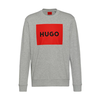 HUGO BOSS Cotton-Terry Crewneck Sweater with Red Logo Print Grey ( Casual Fit) 50467944-029