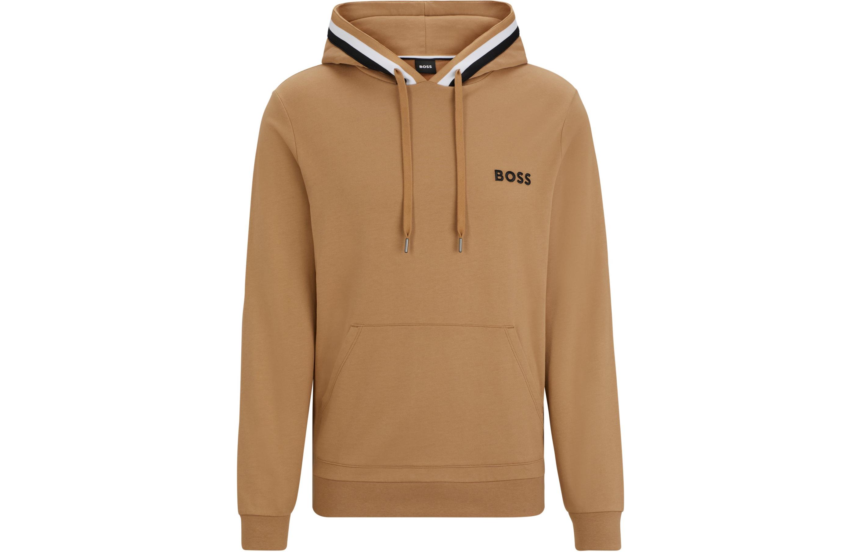 HUGO BOSS Cotton-Terry Hoodie Brown with Logo & Signature Stripe - 50502937-260