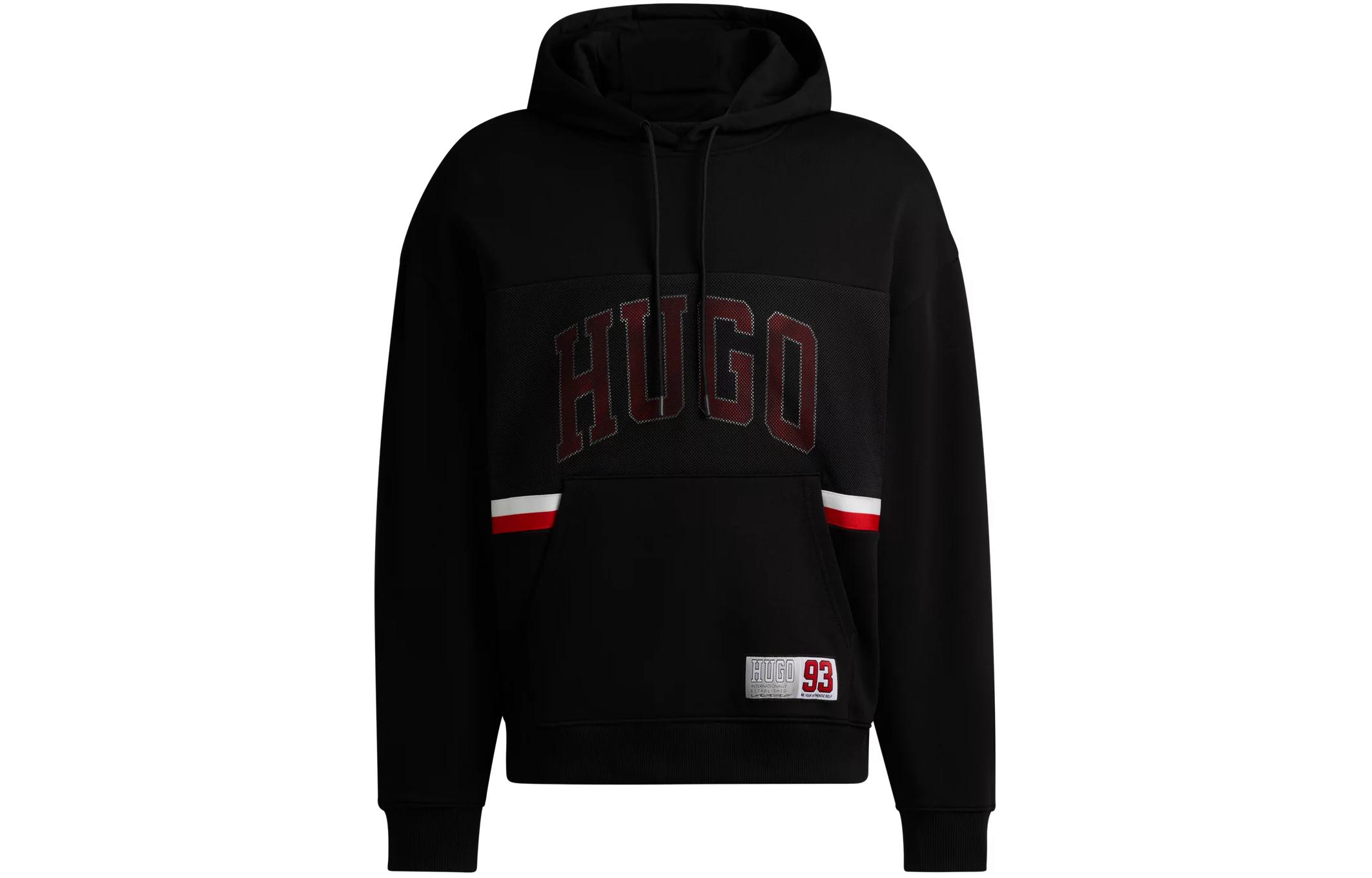HUGO BOSS Cotton-Terry Relaxed-Fit Hoodie with Sporty Logo Stripe Black Menswear 50510166-001