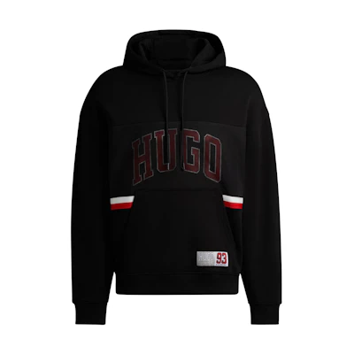 HUGO BOSS Cotton-Terry Relaxed-Fit Hoodie with Sporty Logo Stripe Black Menswear 50510166-001