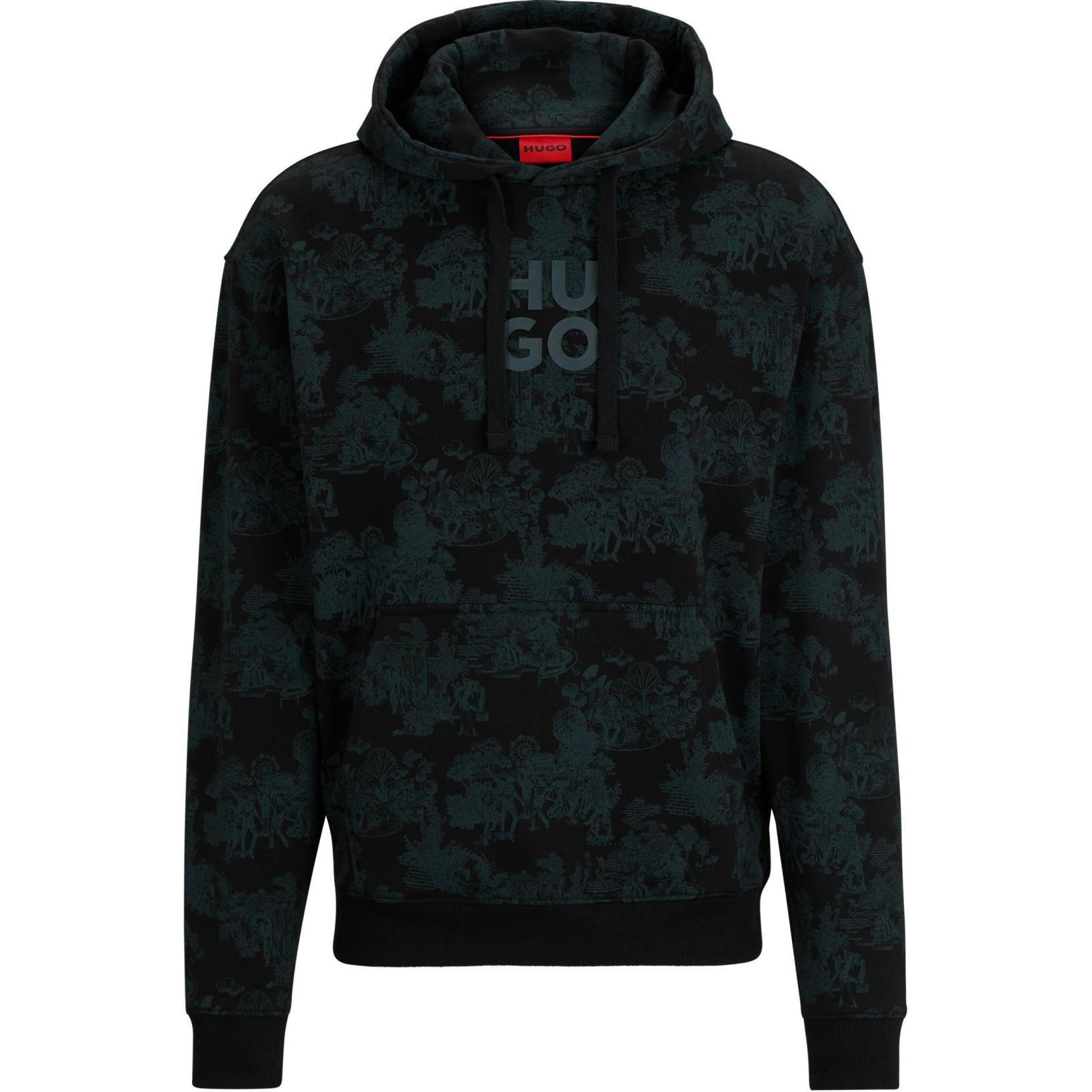 HUGO BOSS Cotton Terry Hoodie with Logo & Art Print Black Pullover 50505514-011