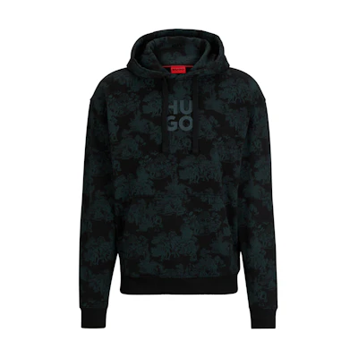 HUGO BOSS Cotton Terry Hoodie with Logo & Art Print Black Pullover 50505514-011