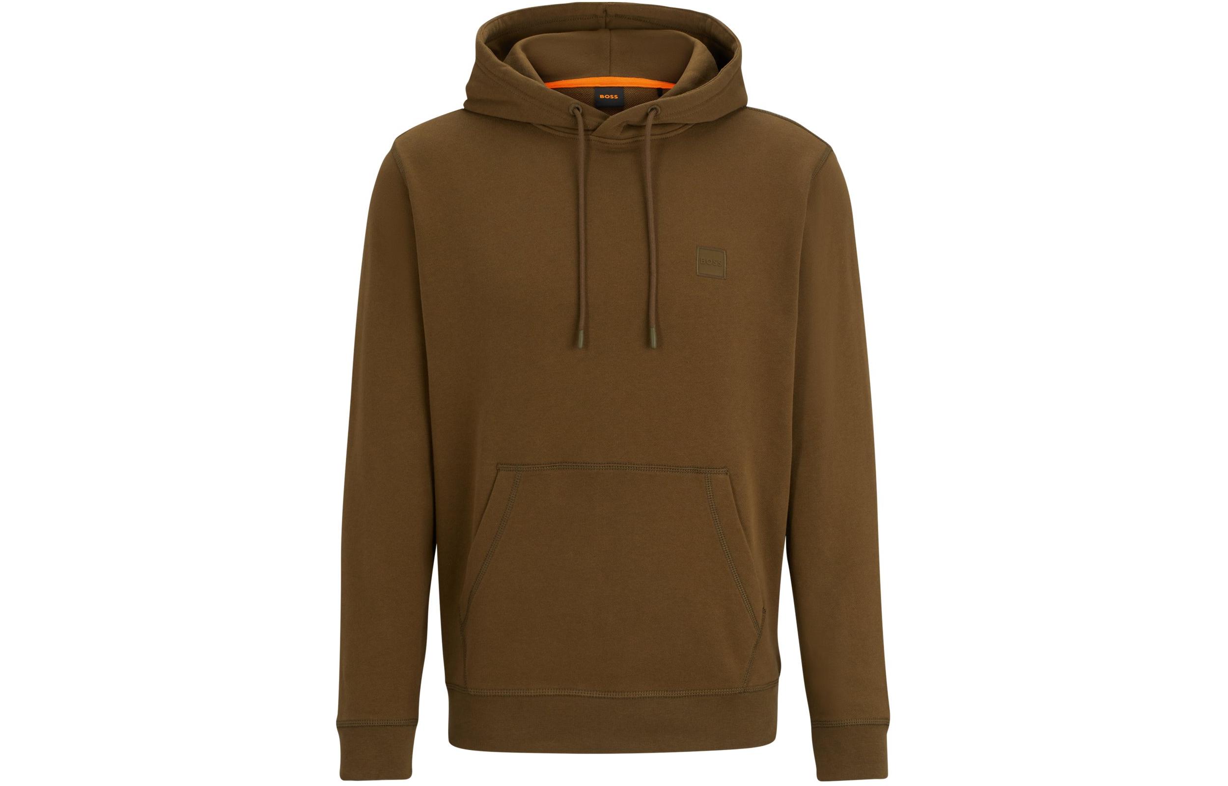 HUGO BOSS Cotton Terry Logo Patch Hoodie Brown Long-Sleeve Pullover 50509314-368