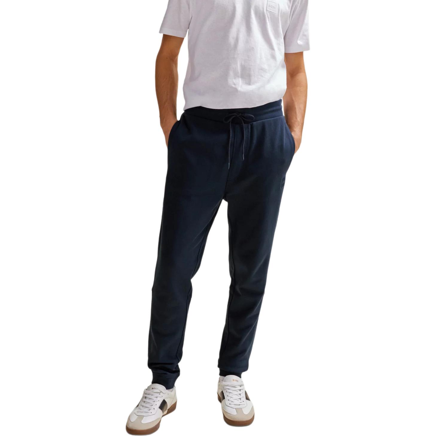 Shop HUGO BOSS Cotton Terry Relaxed Fit Tracksuit Pants with Logo Patch - Blue. 50509303-404