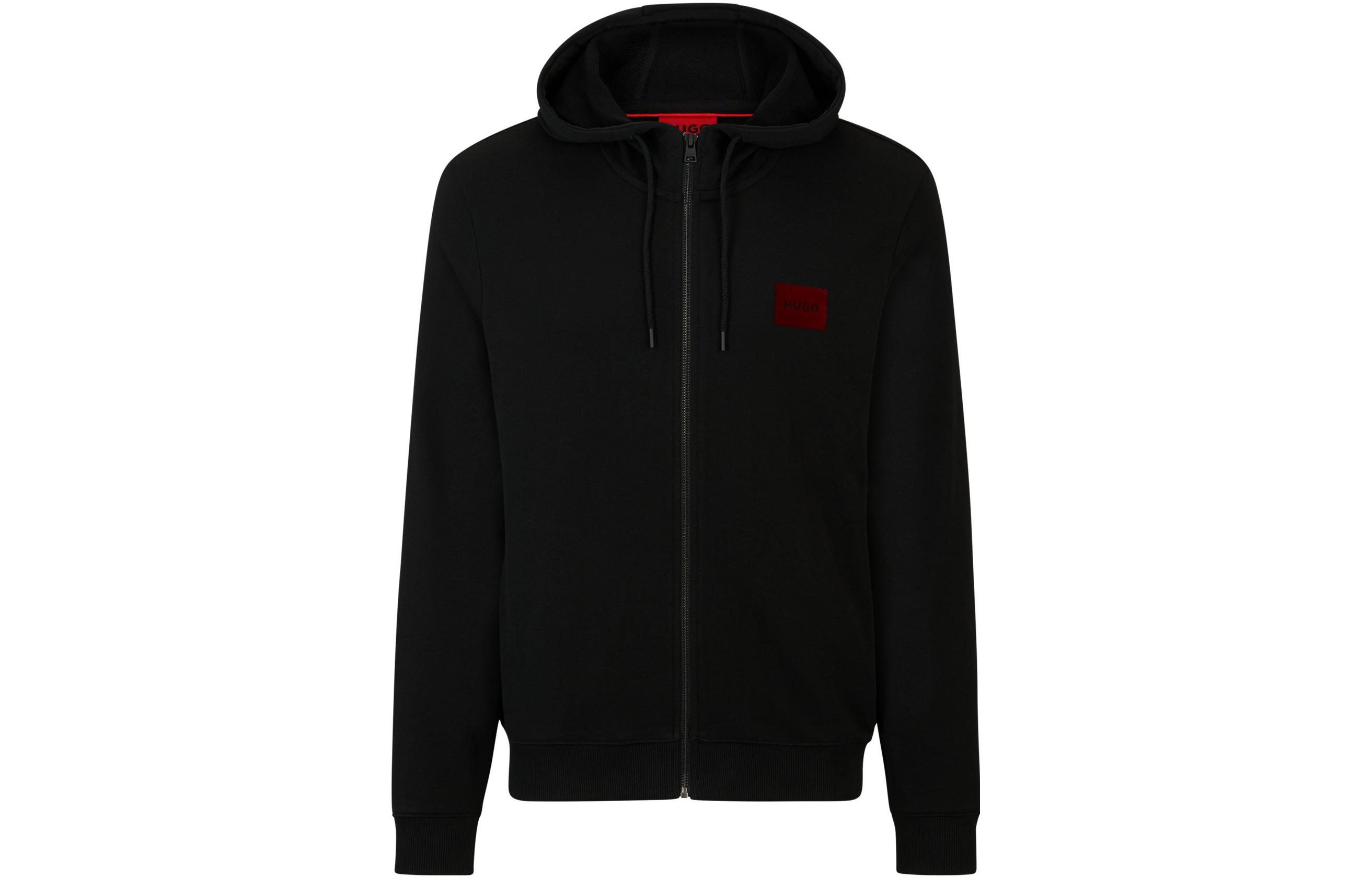 HUGO BOSS Cotton Terry Zip-Up Hoodie with Logo Print Black Jacket 50501016-001