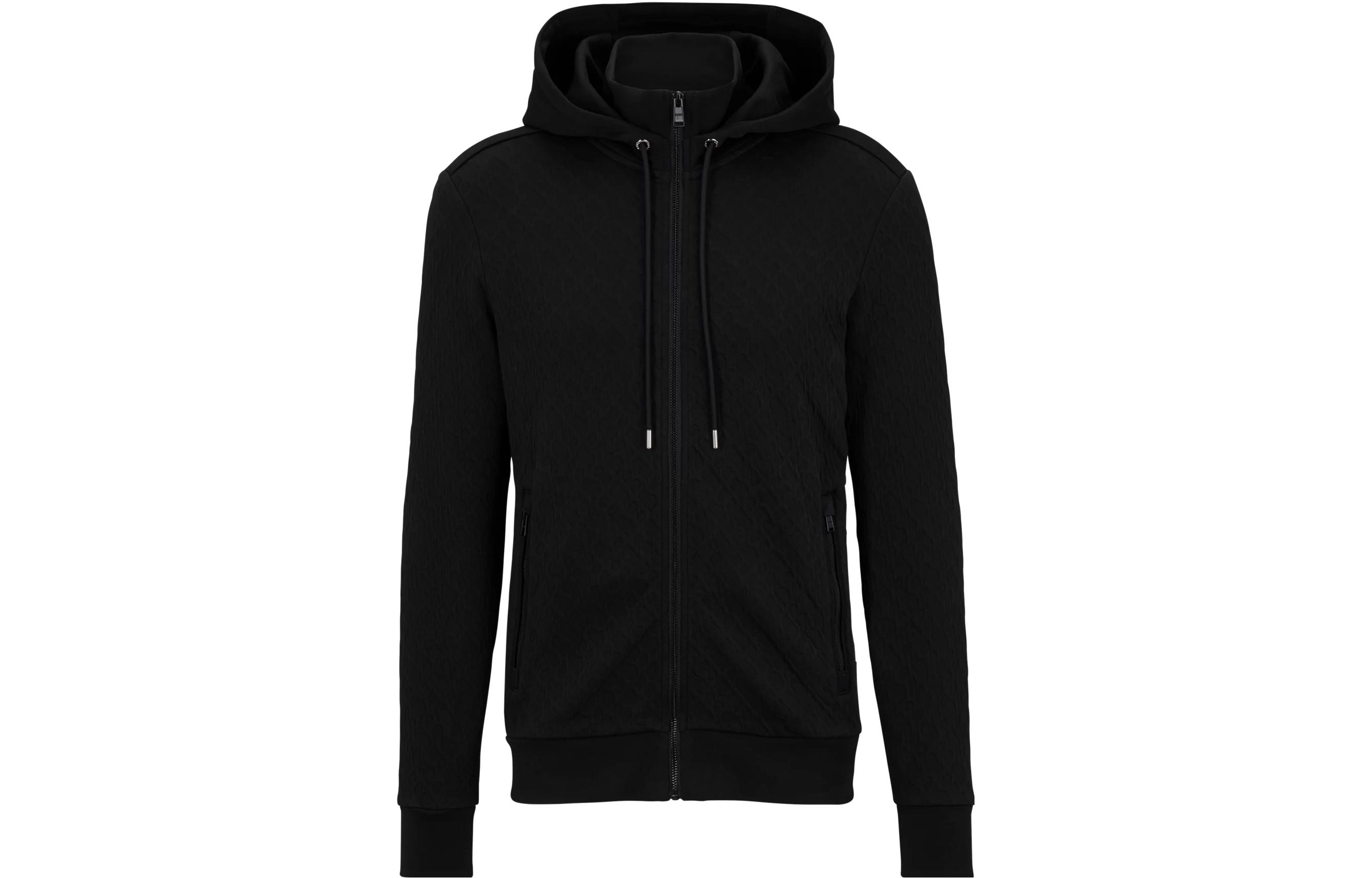 HUGO BOSS Cotton Zip-Up Hoodie Monogram Jacquard Black Jacket 50498861-001