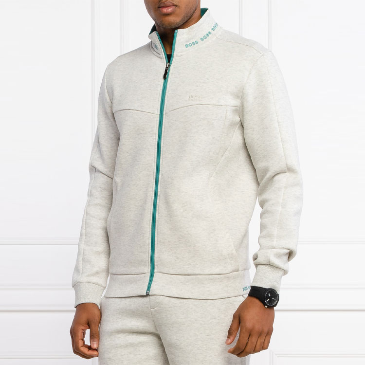 Shop HUGO BOSS Jaket Sukan Berkolar Sulaman Kelabu Muda 50452631-057