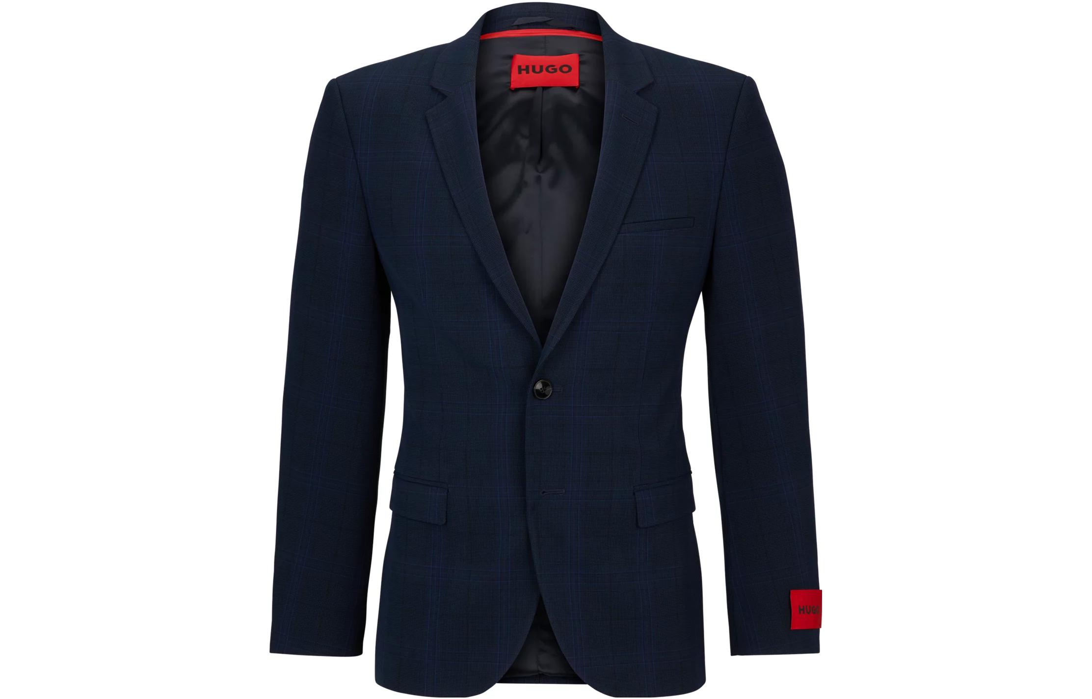 HUGO BOSS Extra-Slim-Fit Checked Stretch Jacket Navy Blue Blazer 50509583-420