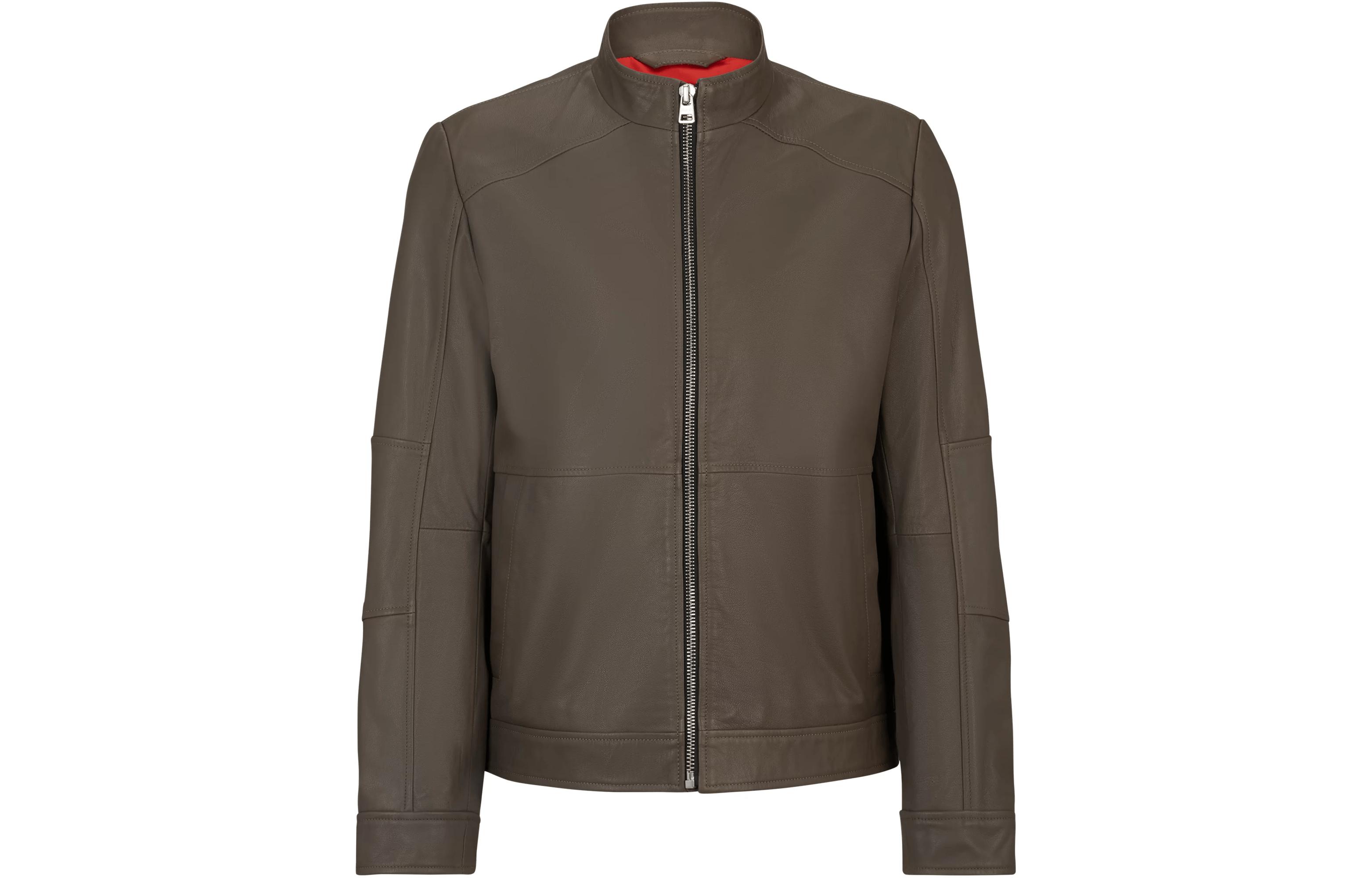 HUGO BOSS Extra-Slim Leather Jacket with Red Lining - Brown Zip-Up 50513322-037