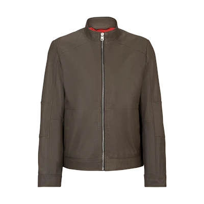 HUGO BOSS Extra-Slim Leather Jacket with Red Lining - Brown Zip-Up 50513322-037