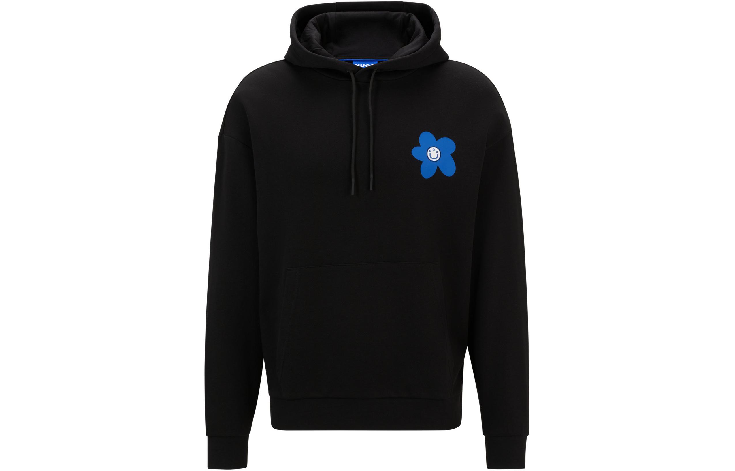 HUGO BOSS Floral Cotton-Terry Regular-Fit Hoodie Black Pullover Sweatshirt 50515648-001