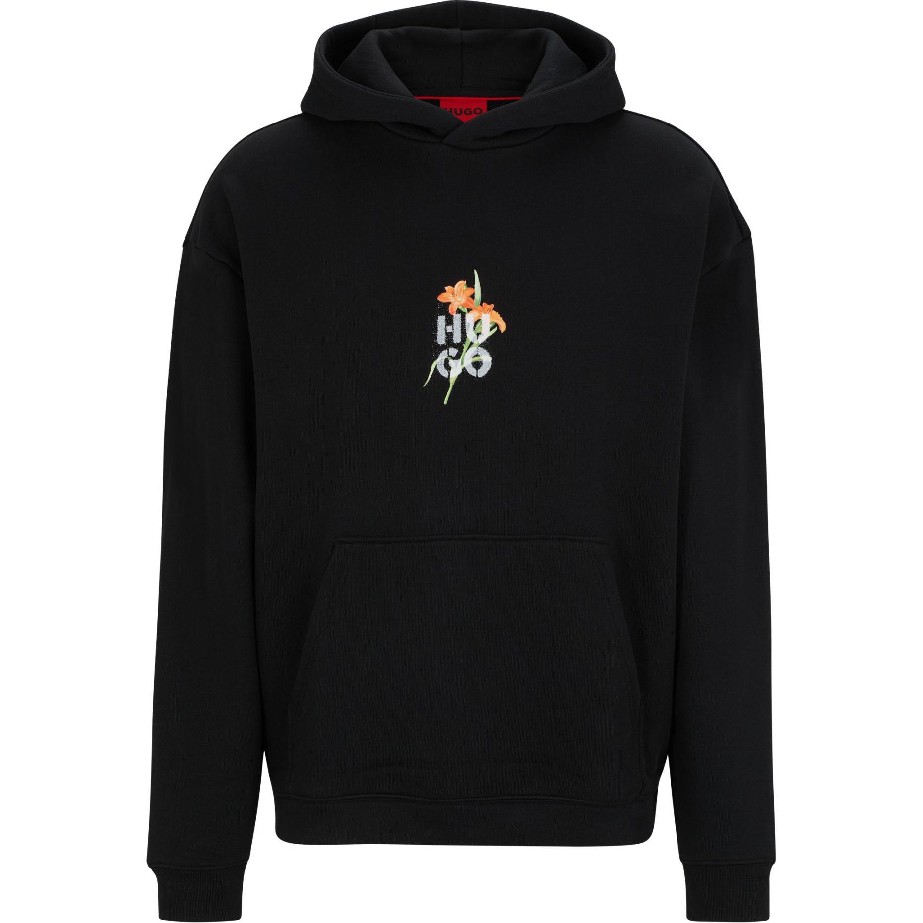 HUGO BOSS Floral Logo Print Oversized Hoodie Black Long Sleeve 50517408-001