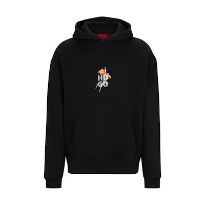 HUGO BOSS Floral Logo Print Oversized Hoodie Black Long Sleeve 50517408-001