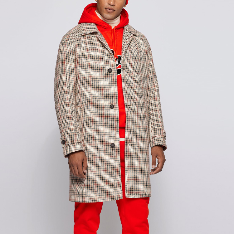 Shop HUGO BOSS FW21 千鳥格紋中長款棕色鈕扣大衣. 50464120 262