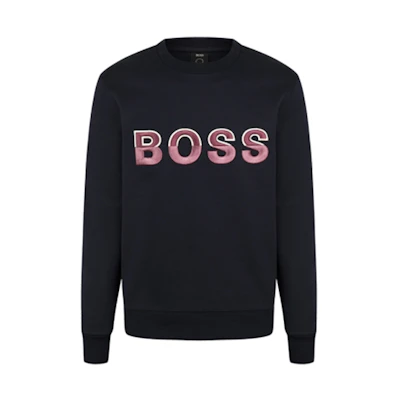 HUGO BOSS FW21 Logo Print Crewneck Sweatshirt Navy Casual Pullover 50458160-404