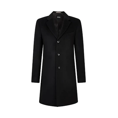 HUGO BOSS FW22 Black Wool Cashmere Slim Fit Long Sleeve Coat 50479756-001