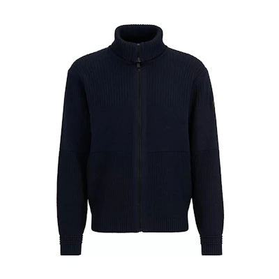 HUGO BOSS FW22 Blue Knit Jacket with Stand Collar and Zipper. 50482524-404