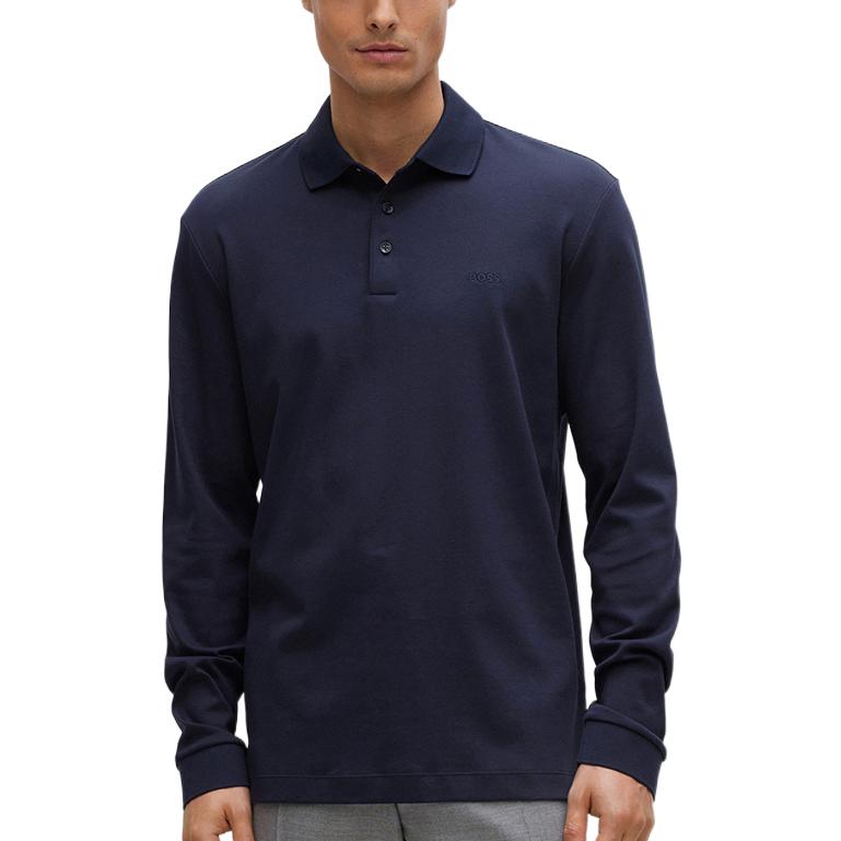 Lookbook HUGO BOSS FW22 藍色刺繡徽標長袖Polo衫。 50468392-438