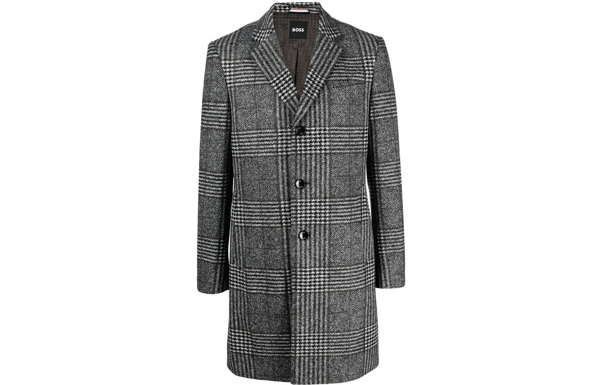 HUGO BOSS FW22  Gray Checkered Single-Breasted Mid-Length Coat. 50479580-001