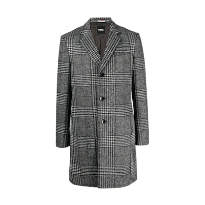HUGO BOSS FW22 Gray Checkered Single-Breasted Mid-Length Coat. 50479580-001