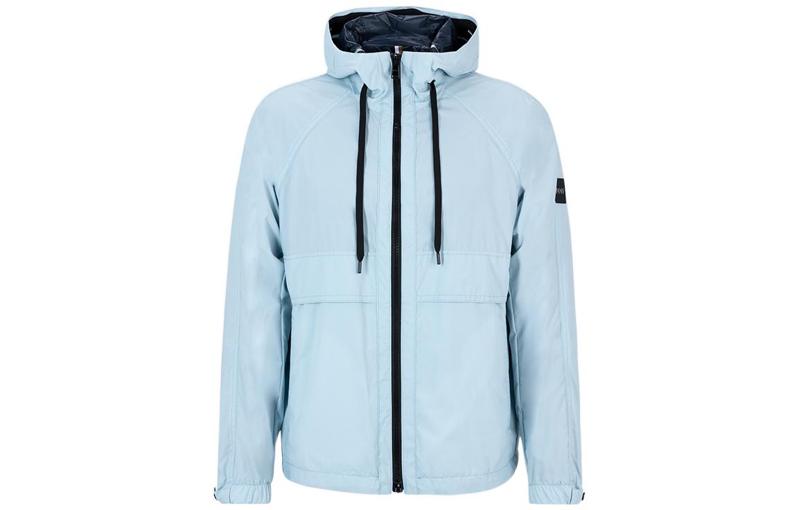 HUGO BOSS FW22  Light Blue Solid Logo Drawstring Hoodie Jacket. 50474045-453