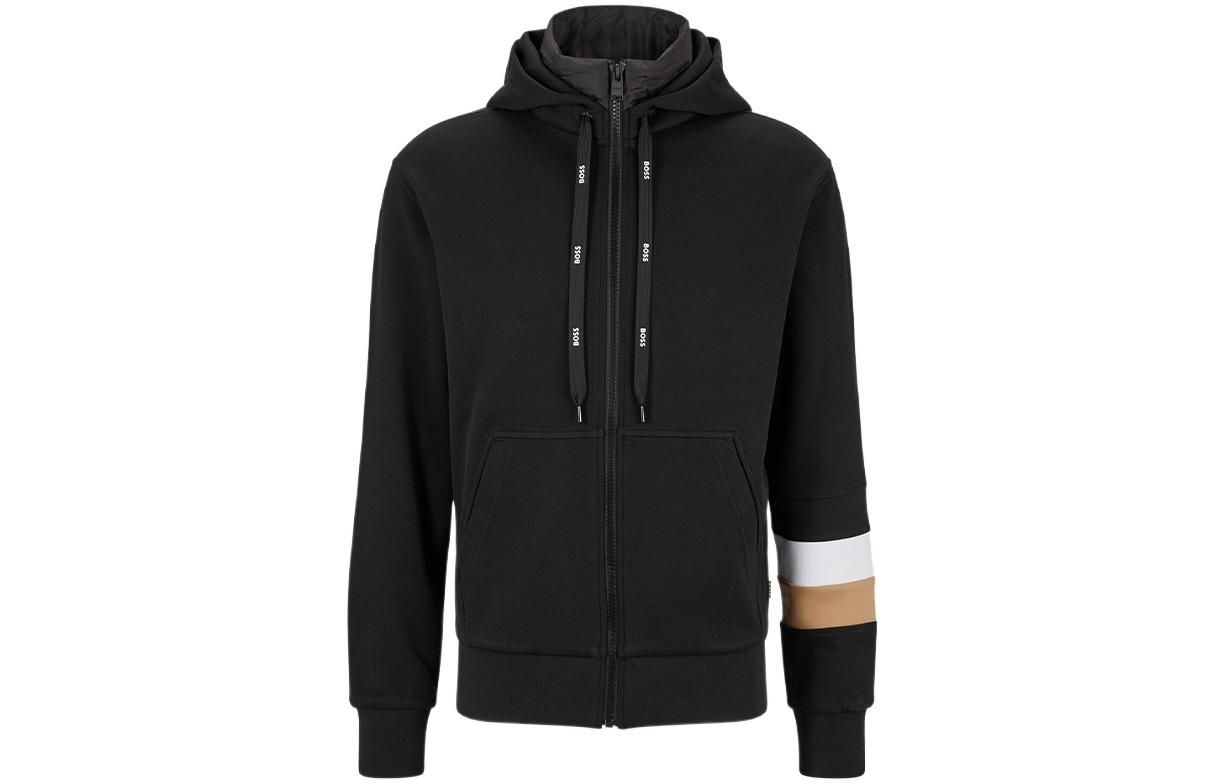 HUGO BOSS FW22 Black Color-Block Zip Hoodie with Stitch Design 50476805-001