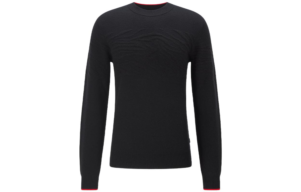 HUGO BOSS FW22 Black Crewneck Sweater with Textured Tiger Stripe Design. 50463040-001