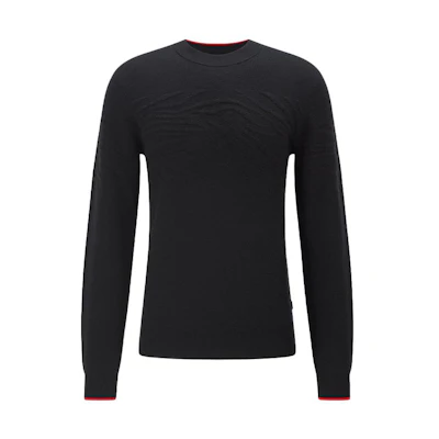 HUGO BOSS FW22 Black Crewneck Sweater with Textured Tiger Stripe Design. 50463040-001