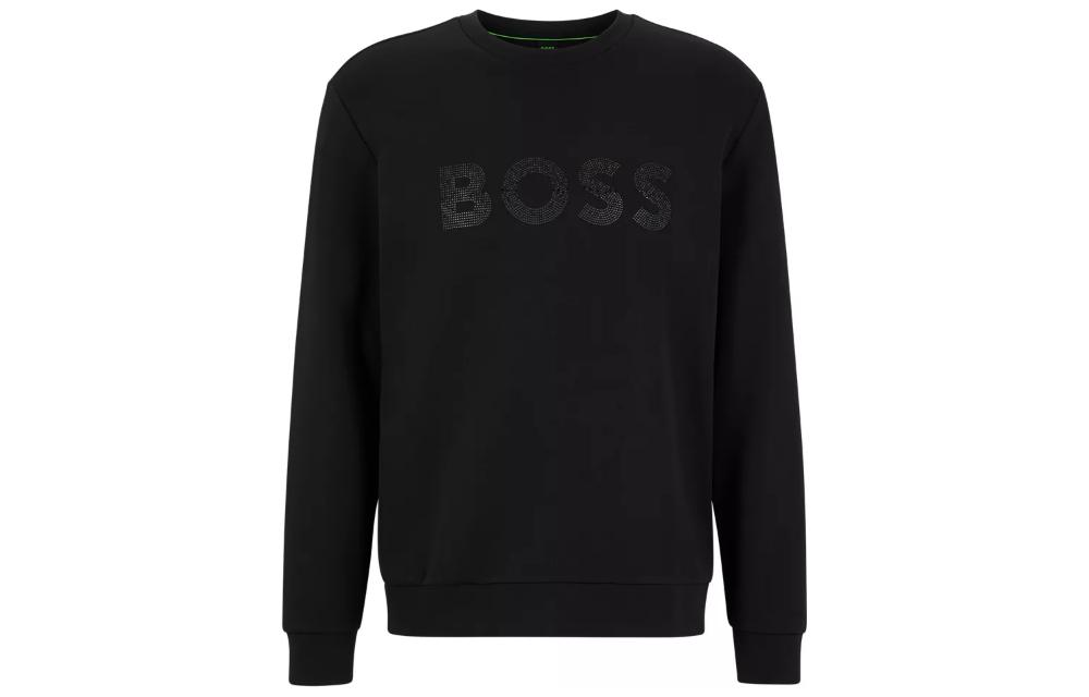 HUGO BOSS FW22 Black Crewneck Sweatshirt with Rhinestone Logo Print 50485505-001
