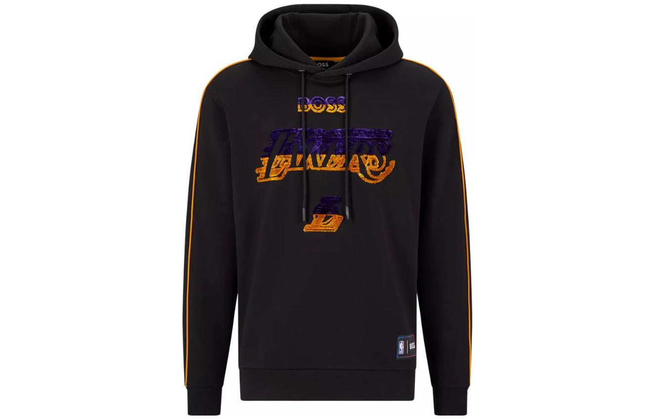 HUGO BOSS FW22 Black Drawstring Hoodie with Logo Print and Stripes 50477404-002