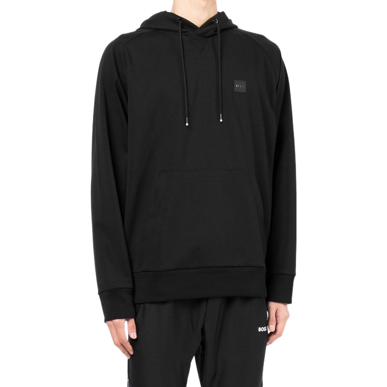 Purchase HUGO BOSS FW22 Black Hoodie Men’s with Logo Patch and Drawstring Design. 50468984-001