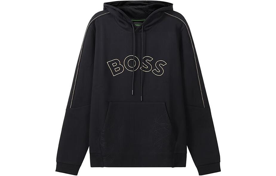 HUGO BOSS FW22 Black Hoodie with Curved Logo Embroidery and Drawstring 50477131-001