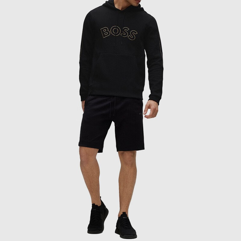 HUGO BOSS FW22 Black Hoodie with Curved Logo Embroidery and Drawstring 50477131-001 圖 4