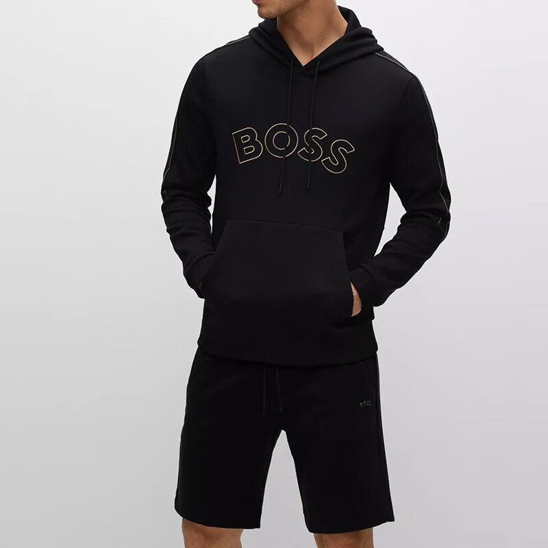 HUGO BOSS FW22 Black Hoodie with Curved Logo Embroidery and Drawstring 50477131-001 圖 5