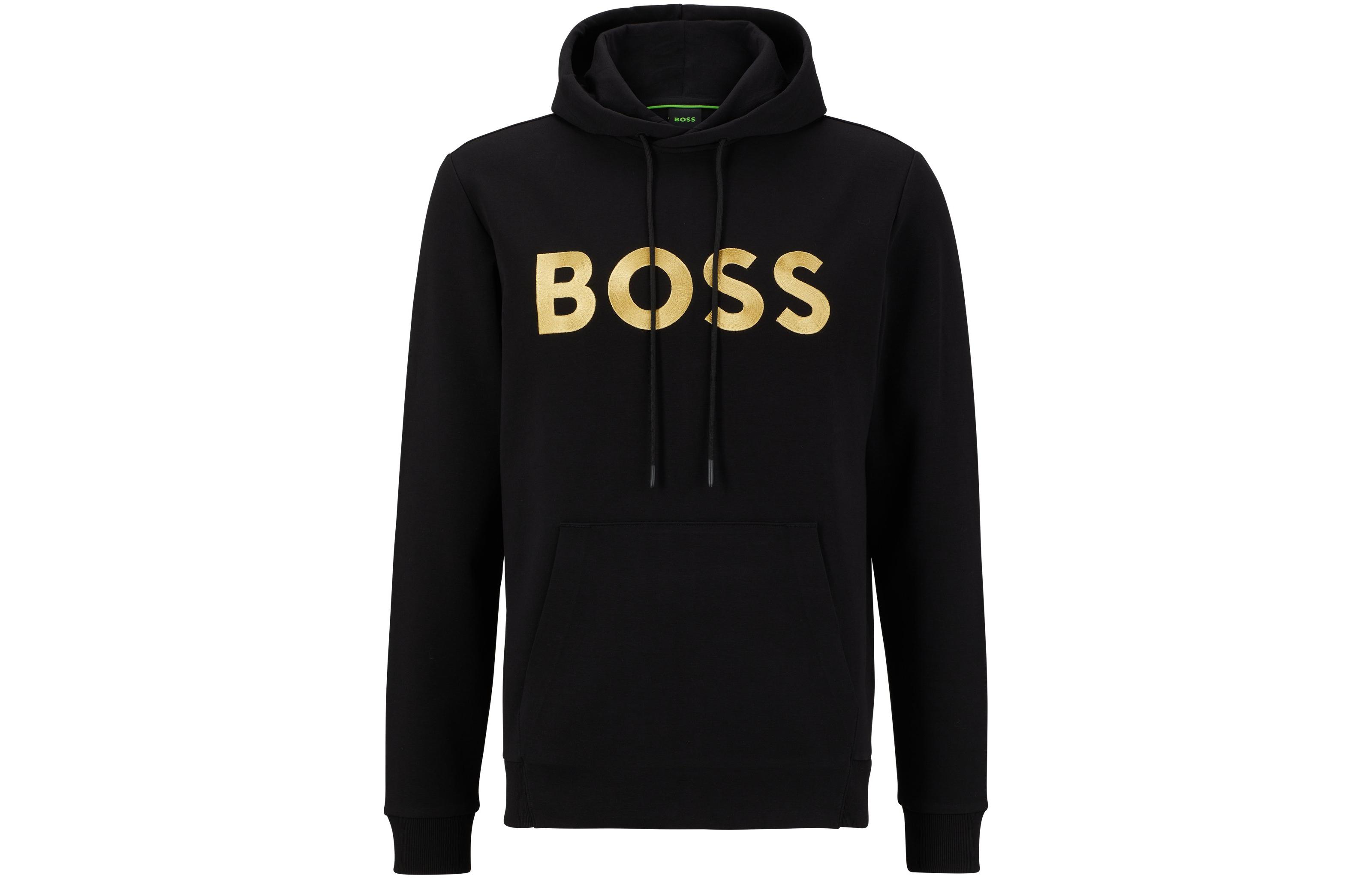HUGO BOSS FW22 Black Hoodie with Large Logo Print and Drawstring 50482887-001