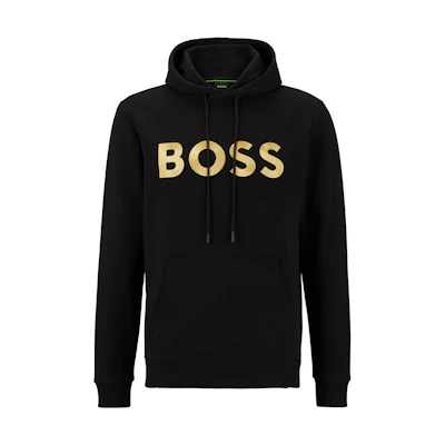 HUGO BOSS FW22 Black Hoodie with Large Logo Print and Drawstring 50482887-001