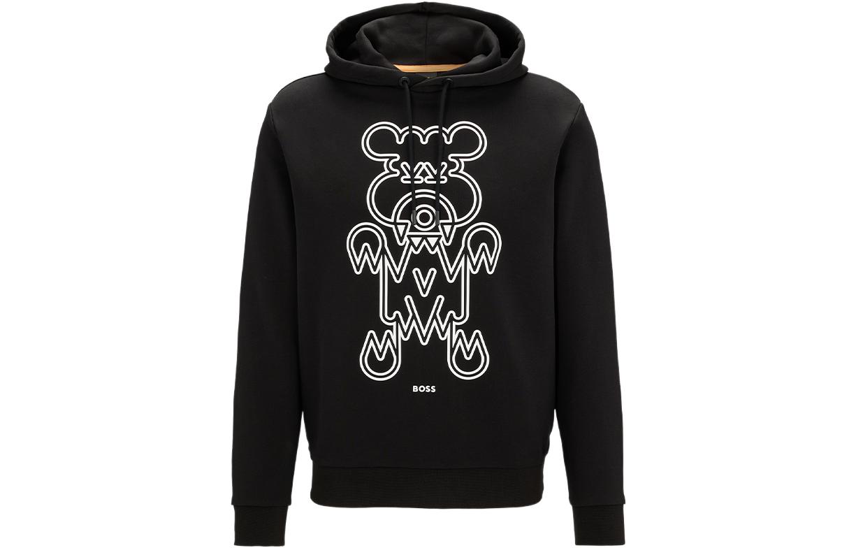 HUGO BOSS FW22 Black Hoodie with Solid Logo Bear Print Unisex Design 50477519-002