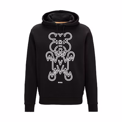 HUGO BOSS FW22 Black Hoodie with Solid Logo Bear Print Unisex Design 50477519-002