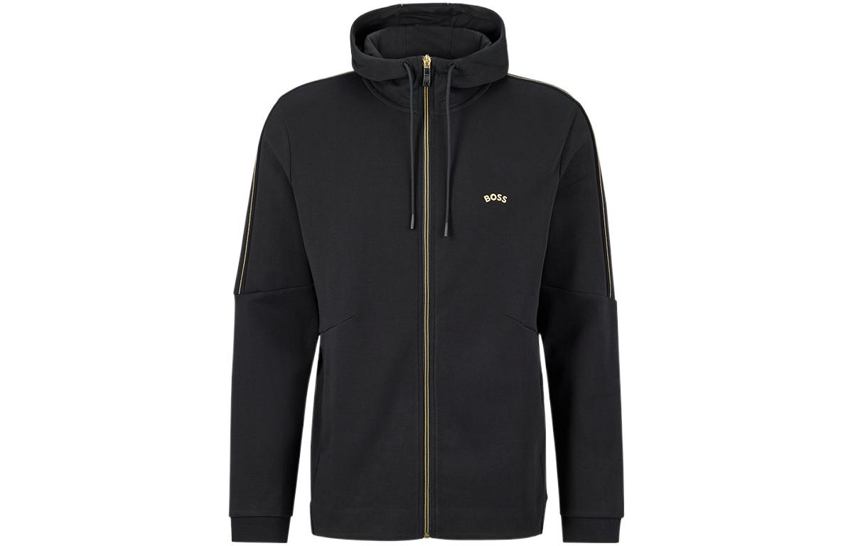HUGO BOSS FW22 Black Zip-Up Hoodie with Solid Logo Print 50477132-001