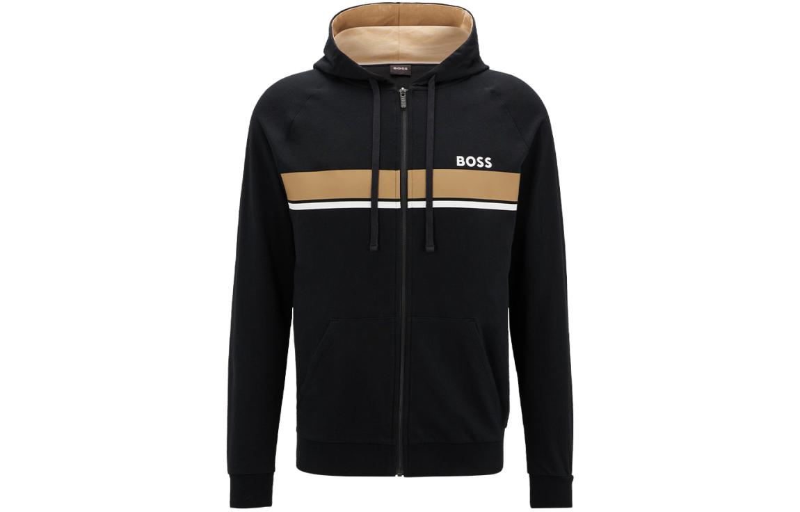 HUGO BOSS FW22 Black Zip Hoodie with Drawstring and Embroidered Logo 50480549