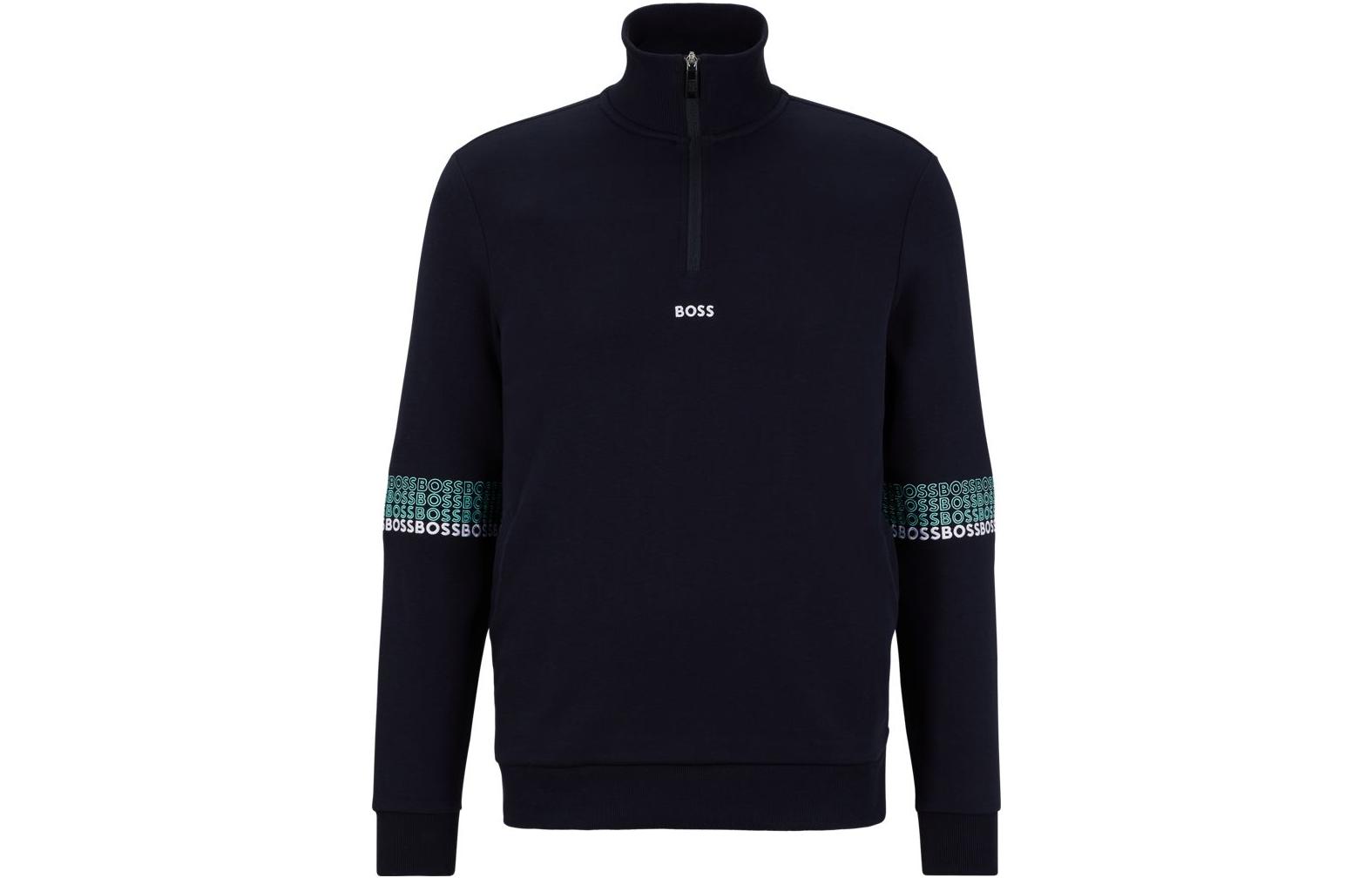 HUGO BOSS FW22 Half-Zip Logo Embroidered Sweatshirt Navy Blue 50497171-402