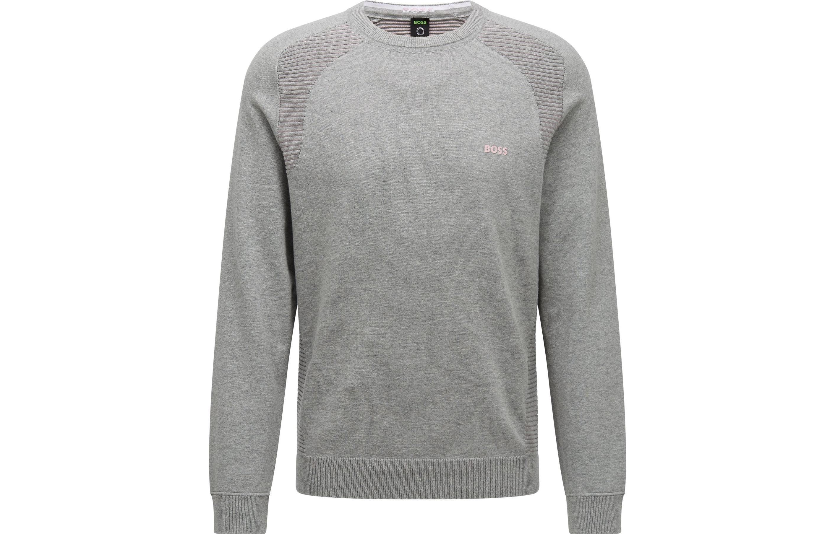 HUGO BOSS FW22 Light Grey Striped Logo Embroidered Knit Sweatshirt 50471789-059