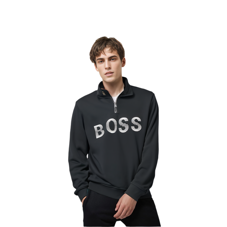 Shop HUGO BOSS FW22 標誌半拉鍊長袖運動衫 黑色 50472242-001