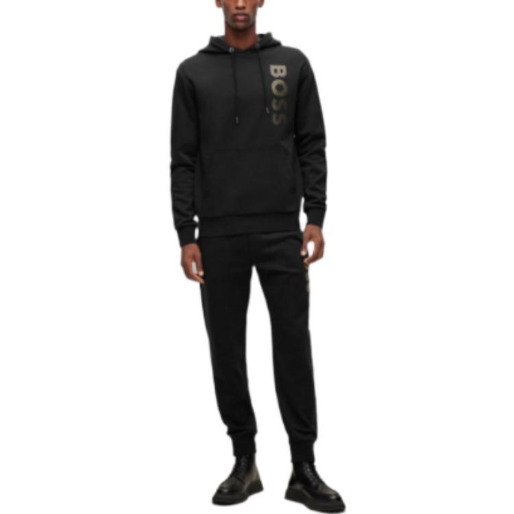 Lookbook HUGO BOSS FW22 黑色Logo印花連帽衫長袖上衣。 50481746-001