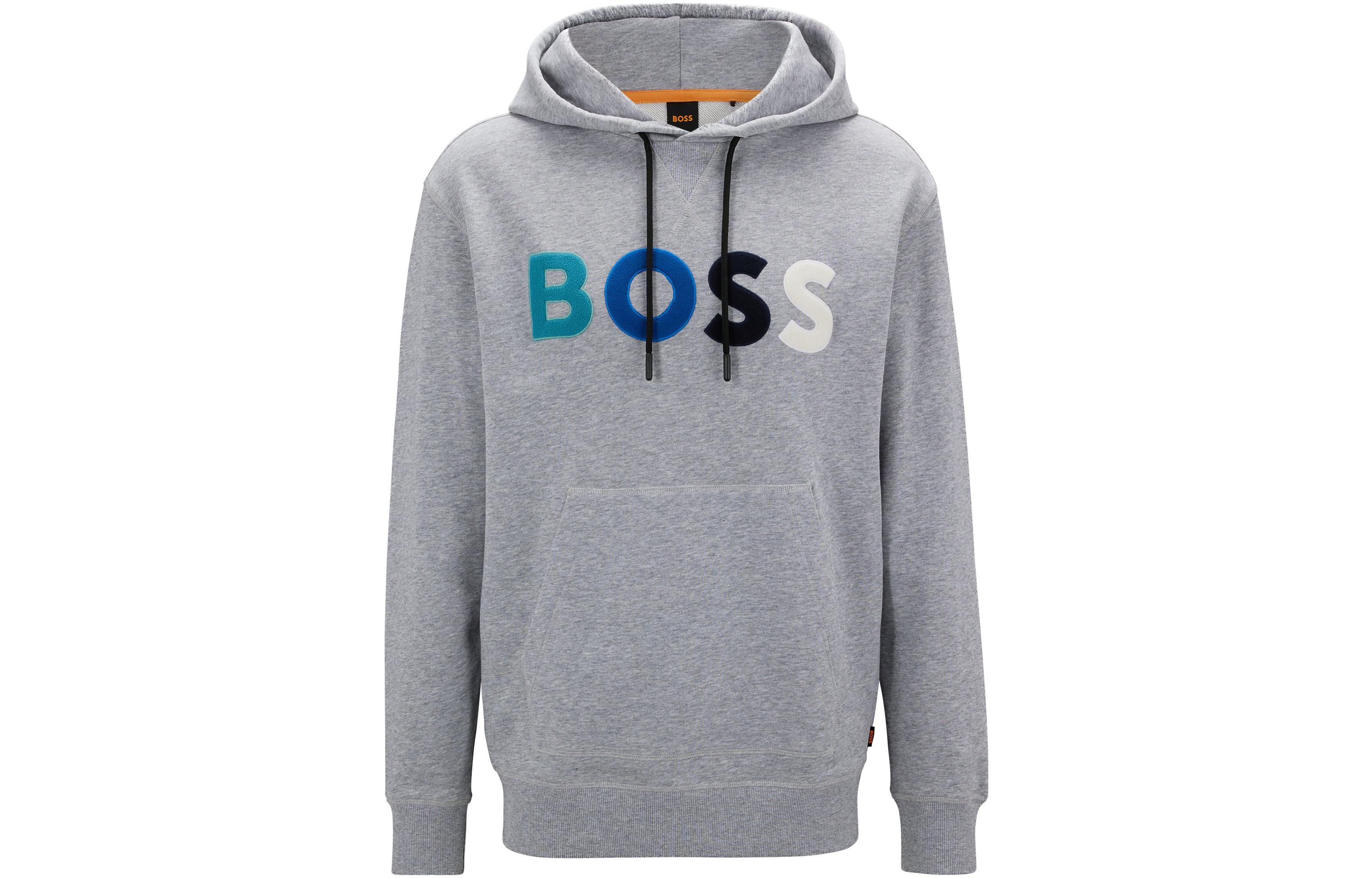 HUGO BOSS FW22 Logo Print Drawstring Hoodie Gray Long Sleeve Sweatshirt 50477047-072